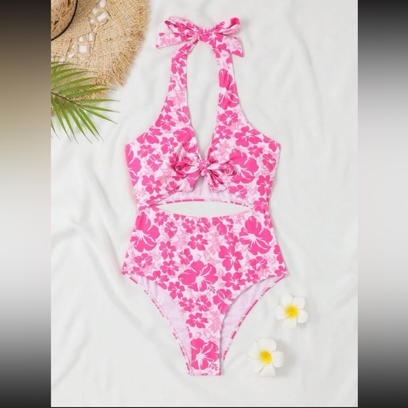 SHEIN Other - Pink Floral Halter One Piece Swimsuit